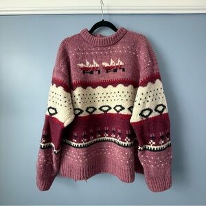 Vintage Handicraft Peru Pink Handknit Sheep Wool Knit Sweater Size Large **Flaws